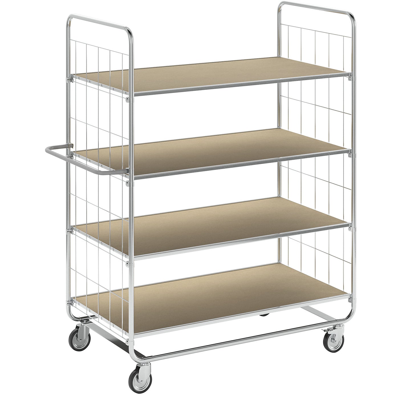 ESD shelf truck, short models, 4 swivel castors, 4 platforms, LxWxH 945 x 470 x 1120 mm, 2 with stop.