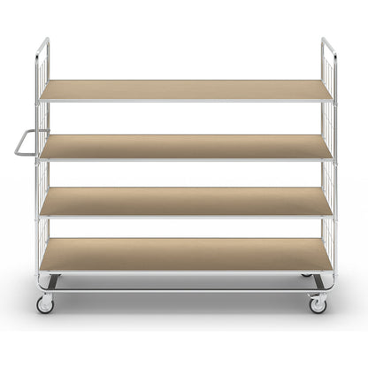 ESD shelf truck, long models, 4 swivel castors, 4 platforms, LxWxH 1395 x 470 x 1120 mm, 2 with stop.