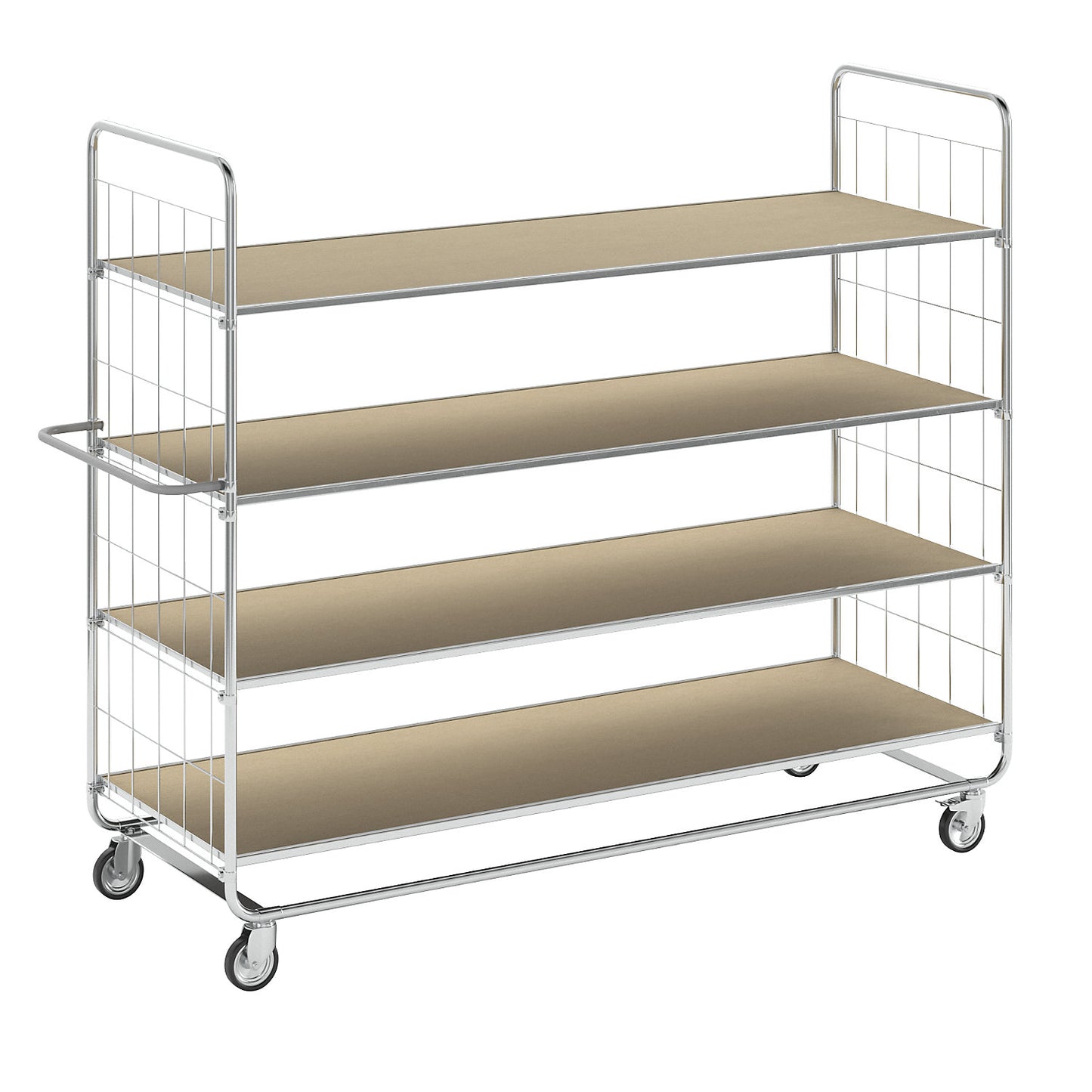 ESD shelf truck, long models, 4 swivel castors, 4 platforms, LxWxH 1395 x 470 x 1120 mm, 2 with stop.
