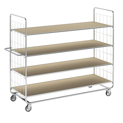 ESD shelf truck, long models, 4 swivel castors, 4 platforms, LxWxH 1395 x 470 x 1120 mm, 2 with stop.