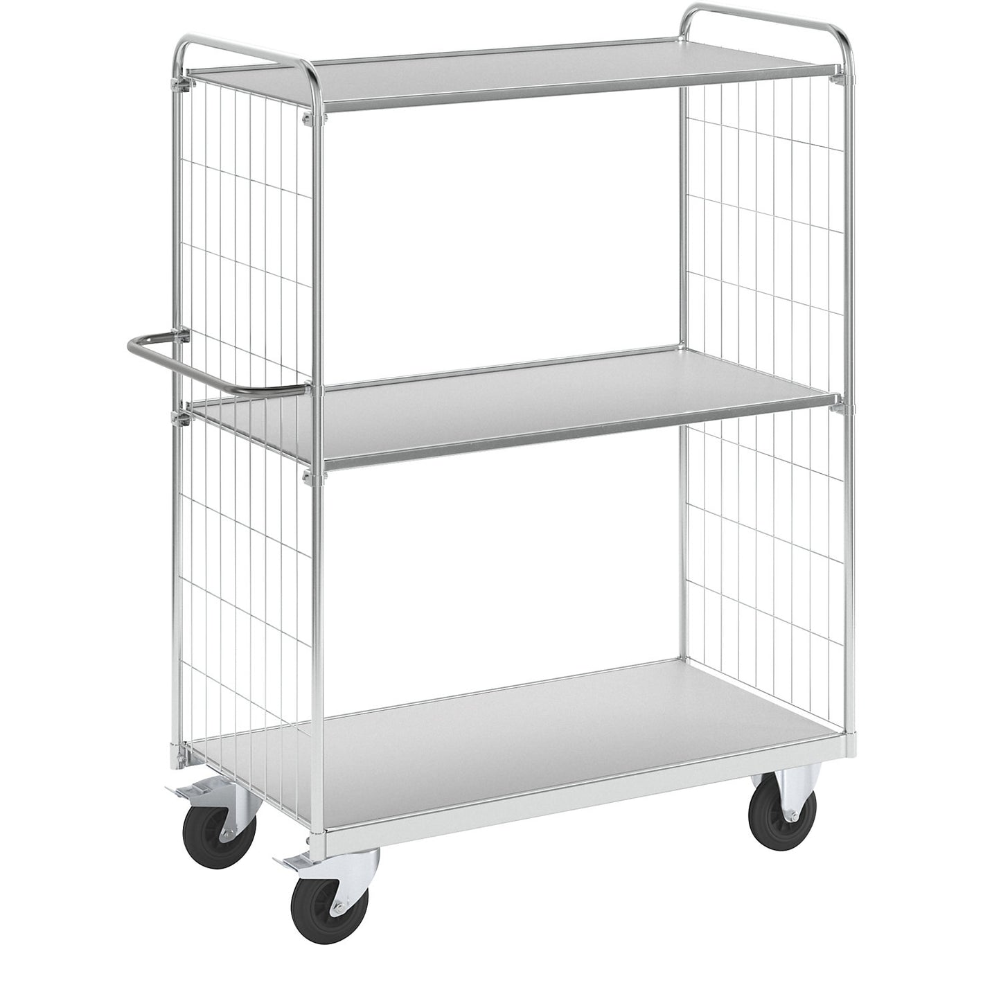 Flexible shelf truck, with 3 shelves, length 1390 mm, swivel castors with stops.