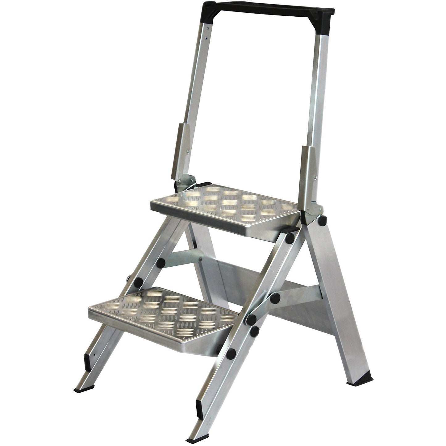 Aluminium folding steps, ribbed aluminium steps, with safety rail, 2 steps.