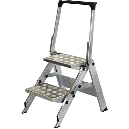 Aluminium folding steps, ribbed aluminium steps, with safety rail, 2 steps.