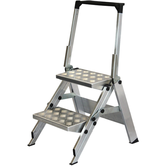 Aluminium folding steps, ribbed aluminium steps, with safety rail, 2 steps.