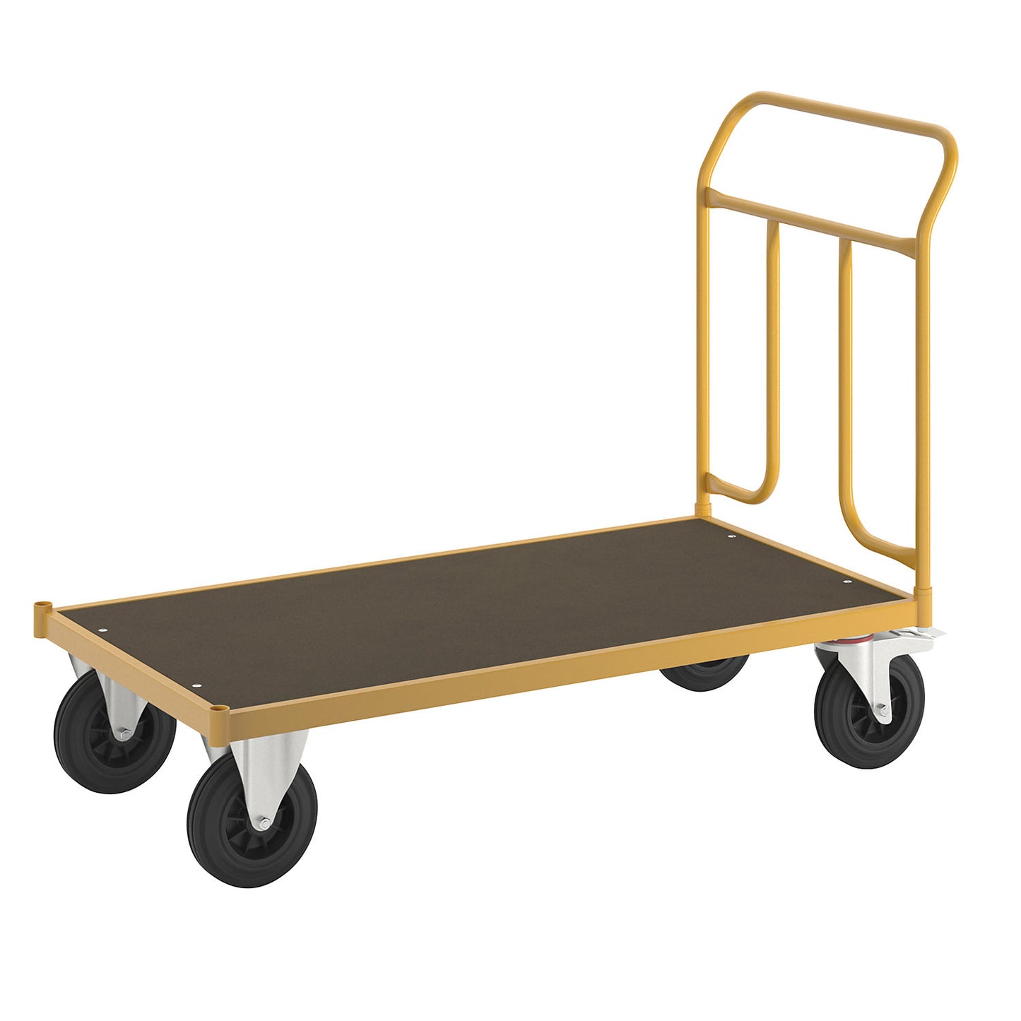KM144 platform truck, LxWxH 1336 x 650 x 1020 mm, 2 swivel castors with stops, 2 fixed castors.