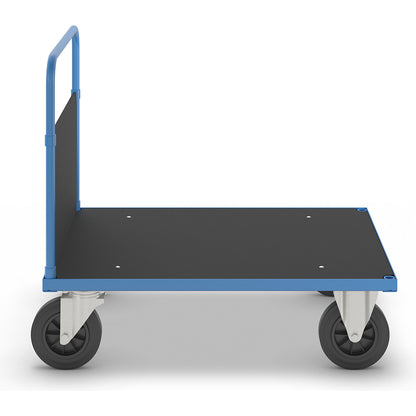 KM33 platform truck, 1 end panel, LxW 1000 x 700 mm, 2 swivel castors and 2 fixed castors.