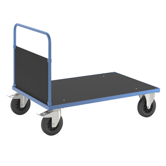 KM33 platform truck, 1 end panel, LxW 1200 x 800 mm, 2 swivel castors with stops, 2 fixed castors.