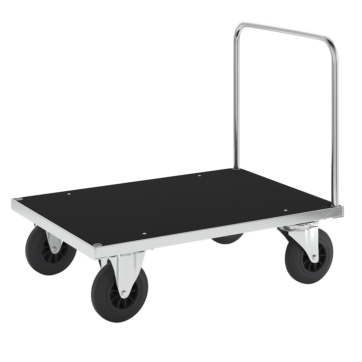 Zinc plated platform truck, 1 push handle, LxW 1000 x 700 mm, 2 swivel castors and 2 fixed castors.