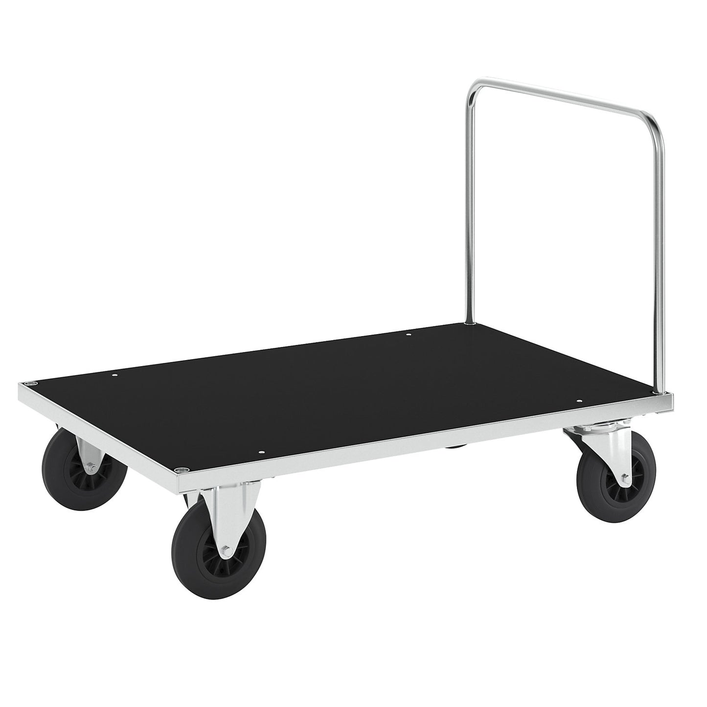 Zinc plated platform truck, 1 push handle, LxW 1200 x 800 mm, 2 swivel castors and 2 fixed castors.