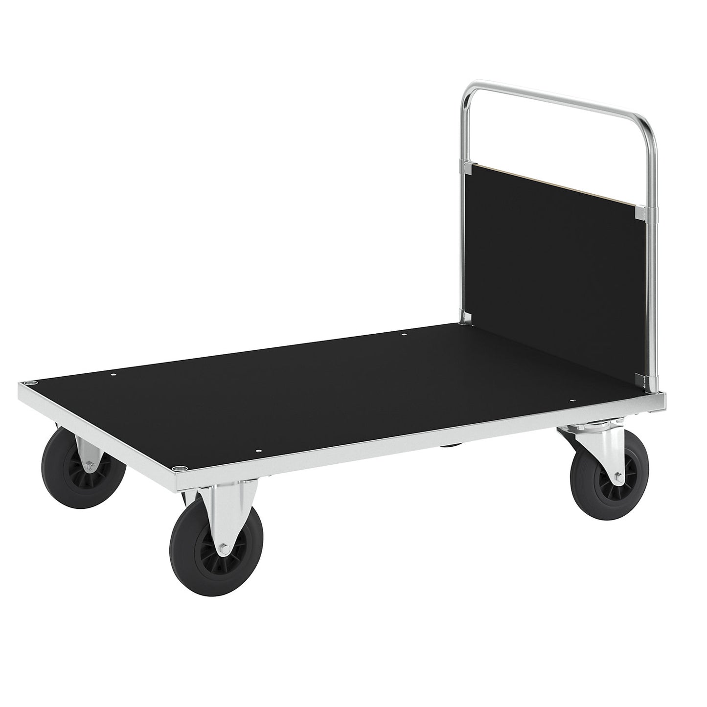 Zinc plated platform truck, 1 end panel, LxW 1200 x 800 mm, 2 swivel castors and 2 fixed castors.