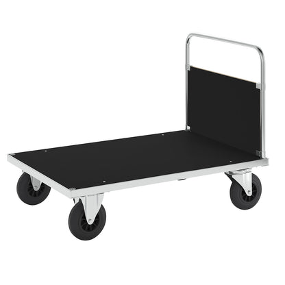 Zinc plated platform truck, 1 end panel, LxW 1200 x 800 mm, 2 swivel castors and 2 fixed castors.