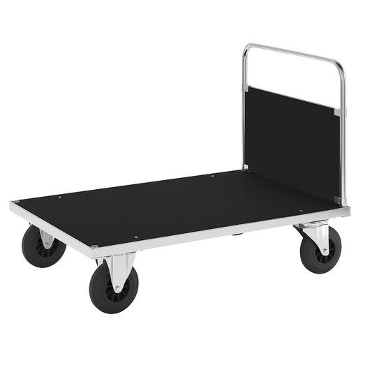 Zinc plated platform truck, 1 end panel, LxW 1200 x 800 mm, 2 swivel castors and 2 fixed castors.