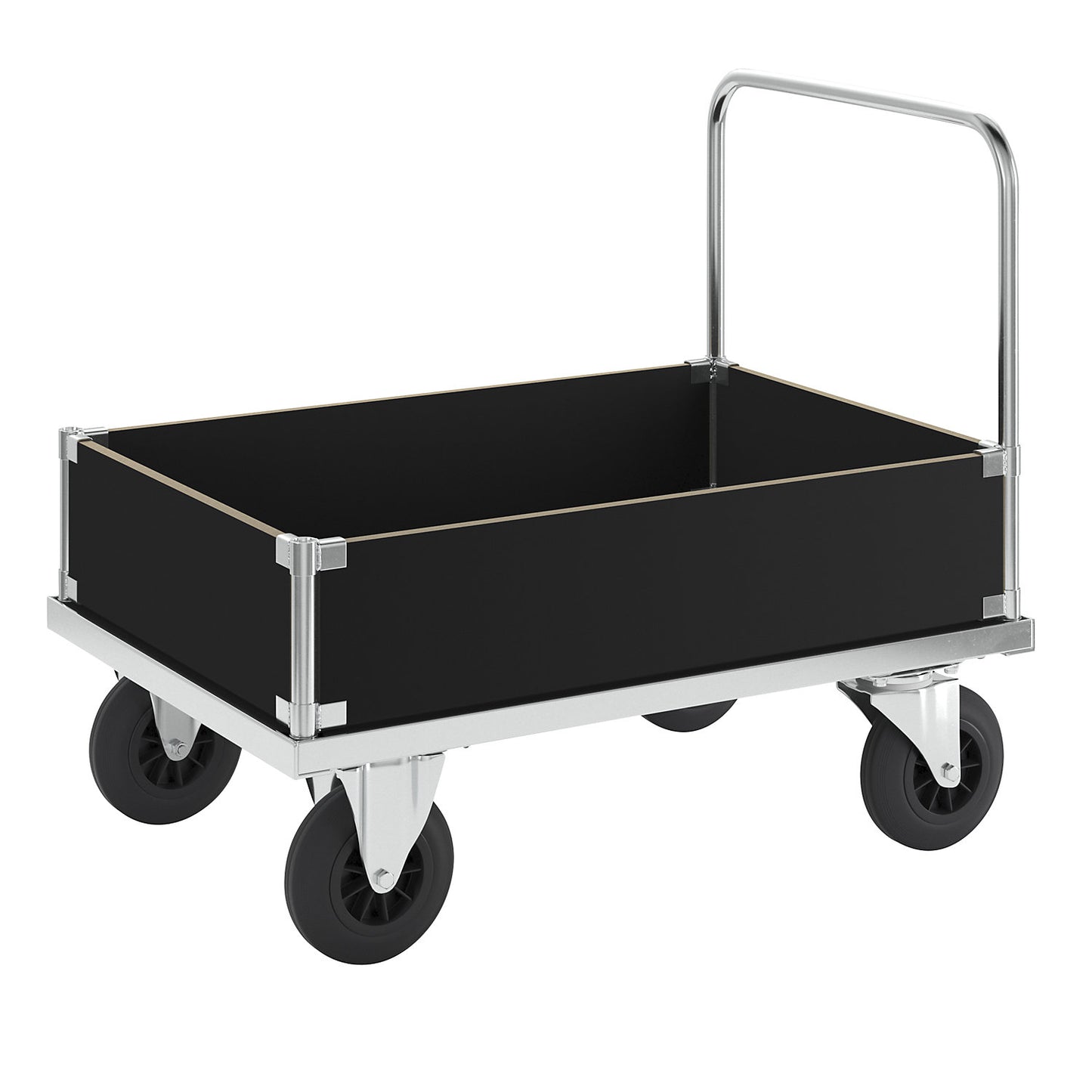 Zinc plated platform truck, low box truck, LxW 1000 x 700 mm, 2 swivel castors and 2 fixed castors.