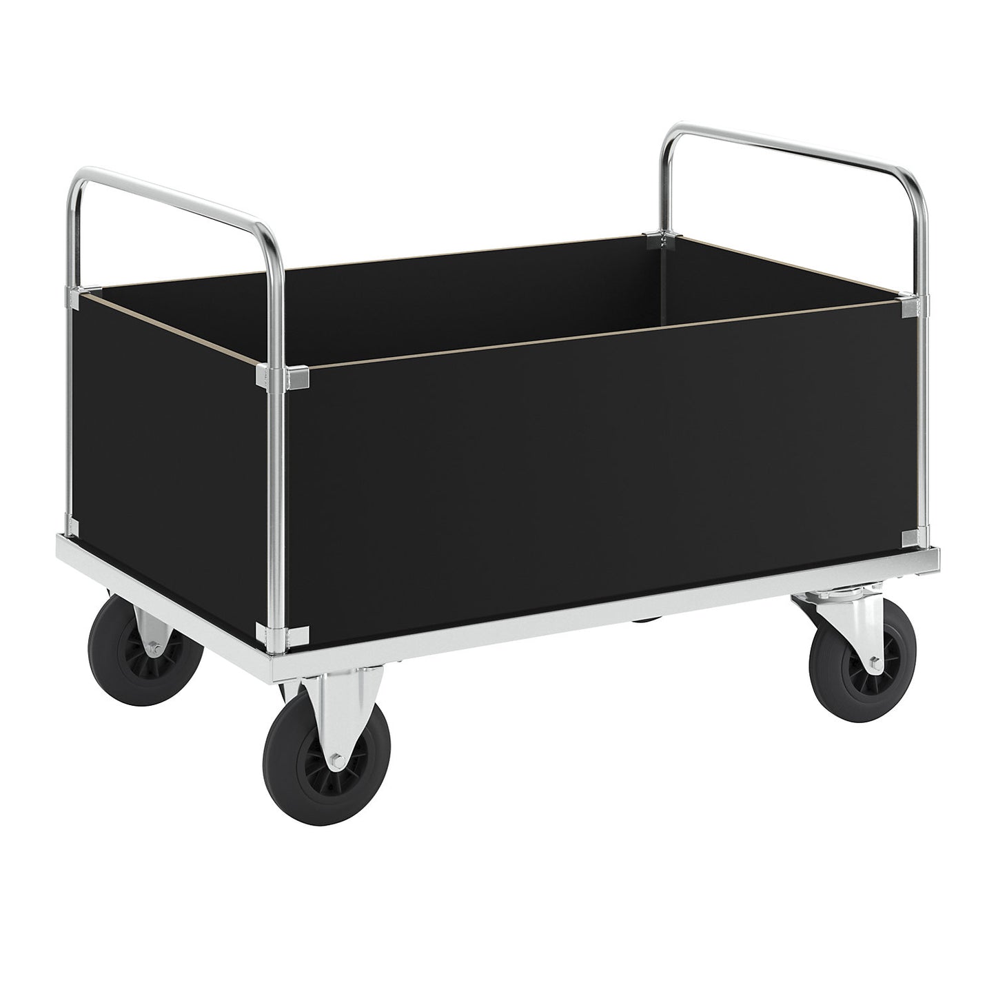 Zinc plated platform truck, high box truck, LxW 1200 x 800 mm, 2 swivel castors and 2 fixed castors.