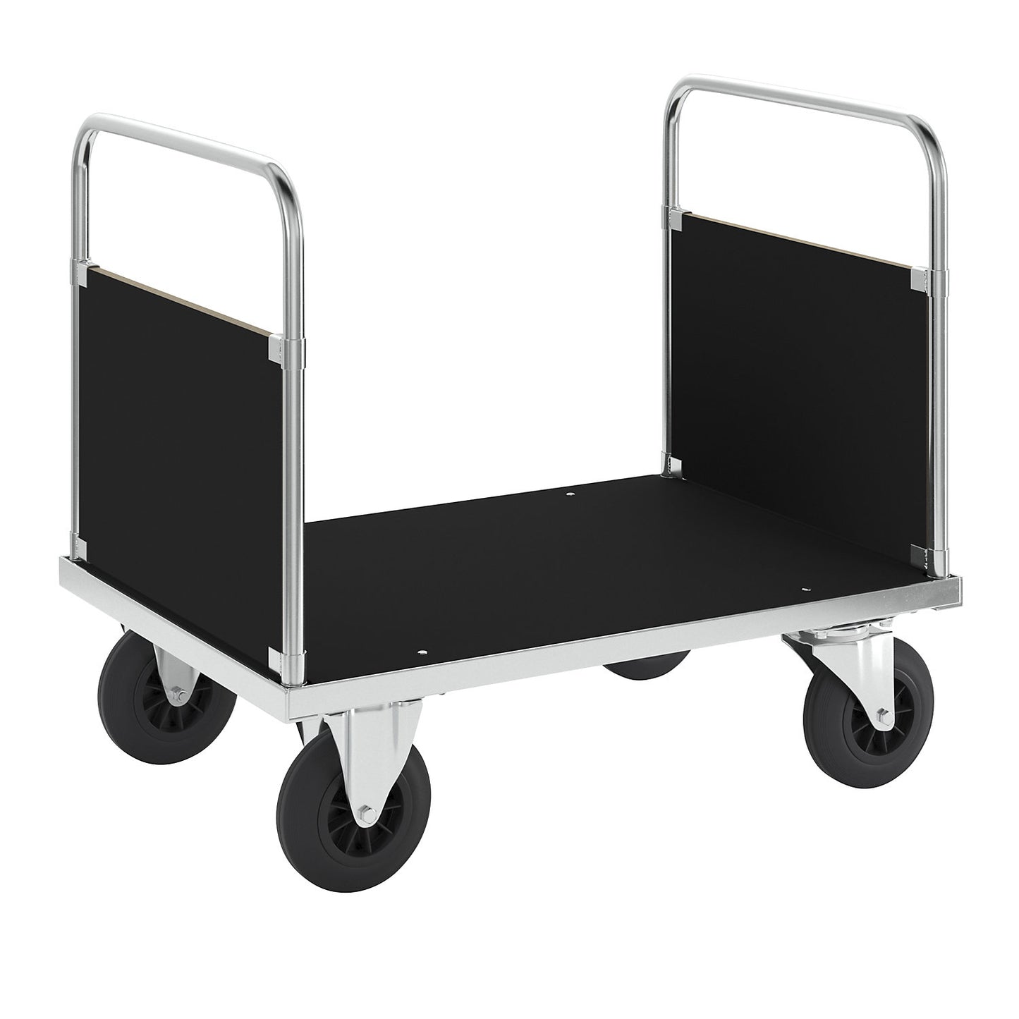 Zinc plated platform truck, 2 end panels, LxW 1000 x 700 mm, 2 swivel castors and 2 fixed castors.