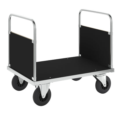 Zinc plated platform truck, 2 end panels, LxW 1000 x 700 mm, 2 swivel castors and 2 fixed castors.