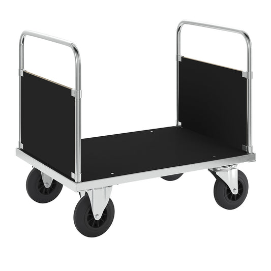 Zinc plated platform truck, 2 end panels, LxW 1000 x 700 mm, 2 swivel castors and 2 fixed castors.