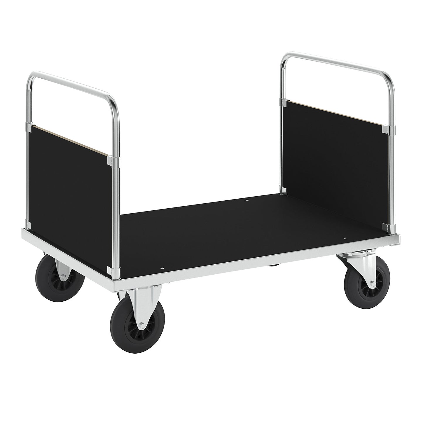 Zinc plated platform truck, 2 end panels, LxW 1200 x 800 mm, 2 swivel castors and 2 fixed castors.