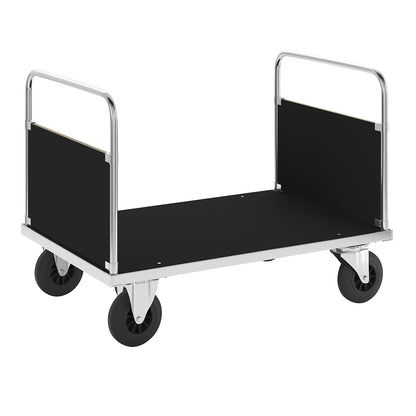 Zinc plated platform truck, 2 end panels, LxW 1200 x 800 mm, 2 swivel castors and 2 fixed castors.