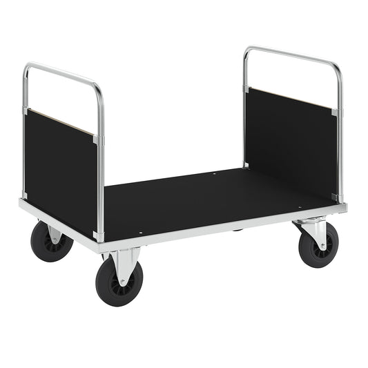 Zinc plated platform truck, 2 end panels, LxW 1200 x 800 mm, 2 swivel castors and 2 fixed castors.