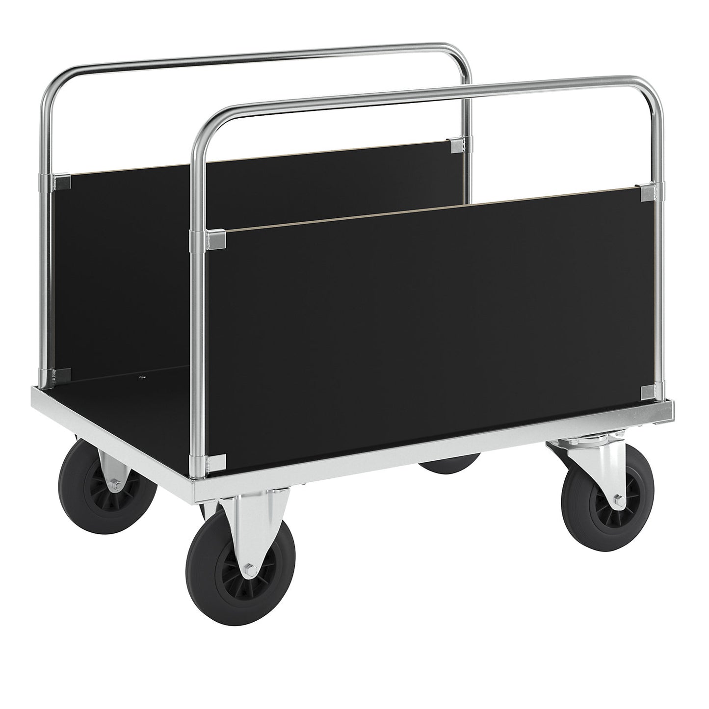Zinc plated platform truck, 2 side panels, LxW 1000 x 700 mm, 2 swivel castors and 2 fixed castors.