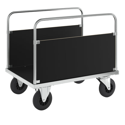 Zinc plated platform truck, 2 side panels, LxW 1000 x 700 mm, 2 swivel castors and 2 fixed castors.