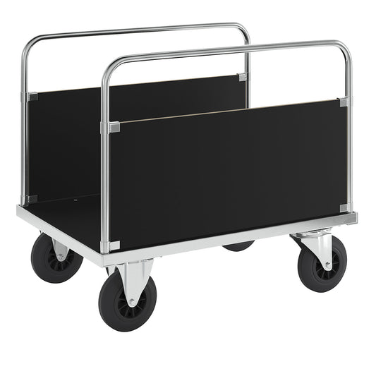 Zinc plated platform truck, 2 side panels, LxW 1000 x 700 mm, 2 swivel castors and 2 fixed castors.
