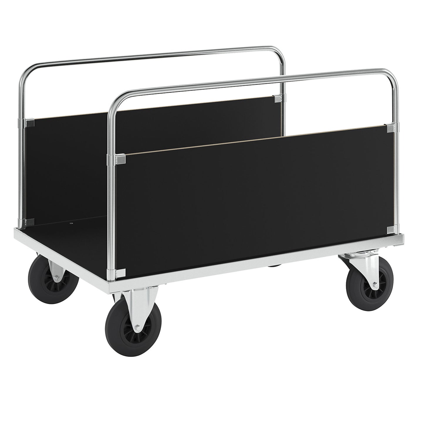 Zinc plated platform truck, 2 side panels, LxW 1200 x 800 mm, 2 swivel castors and 2 fixed castors.
