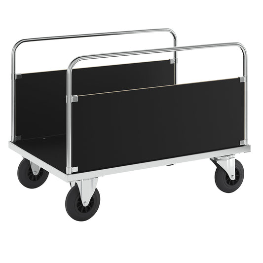Zinc plated platform truck, 2 side panels, LxW 1200 x 800 mm, 2 swivel castors and 2 fixed castors.