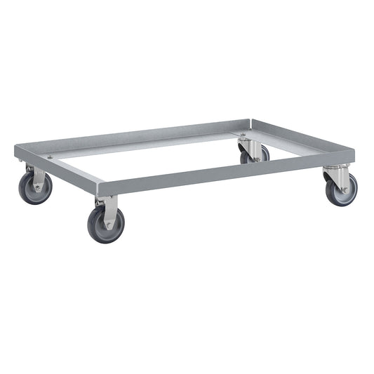 KM672 dolly, LxWxH 616 x 416 x 128 mm, 2 swivel and 2 fixed castors.