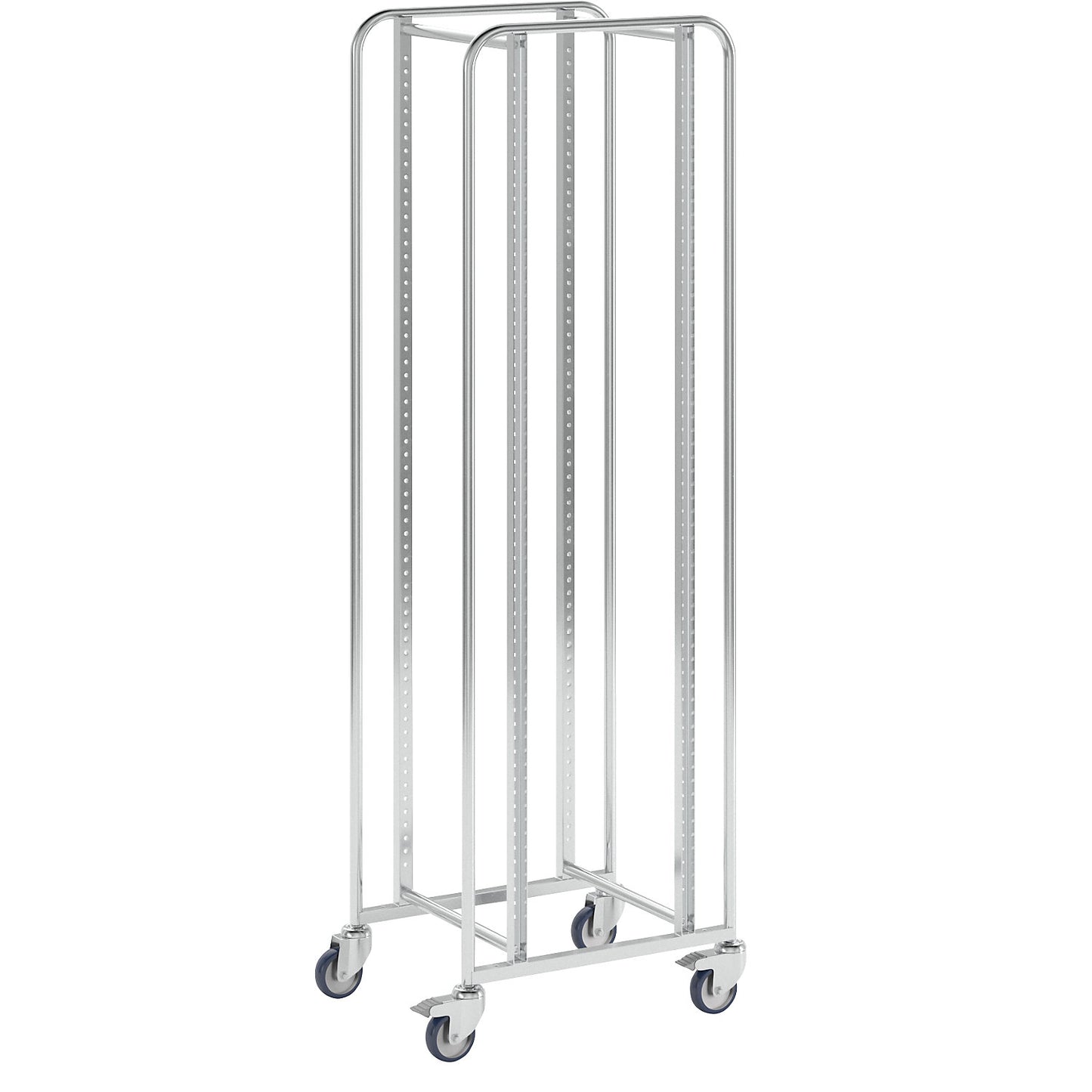 KM167 tray and bin trolley, LxWxH 470 x 585 x 1880 mm, 4 swivel castors, 2 with stops.