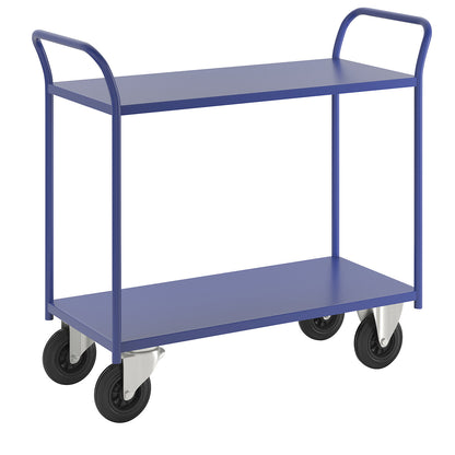 KM41 table trolley, 2 shelves, LxWxH 1080 x 450 x 975 mm, blue, 2 swivel castors and 2 fixed castors.