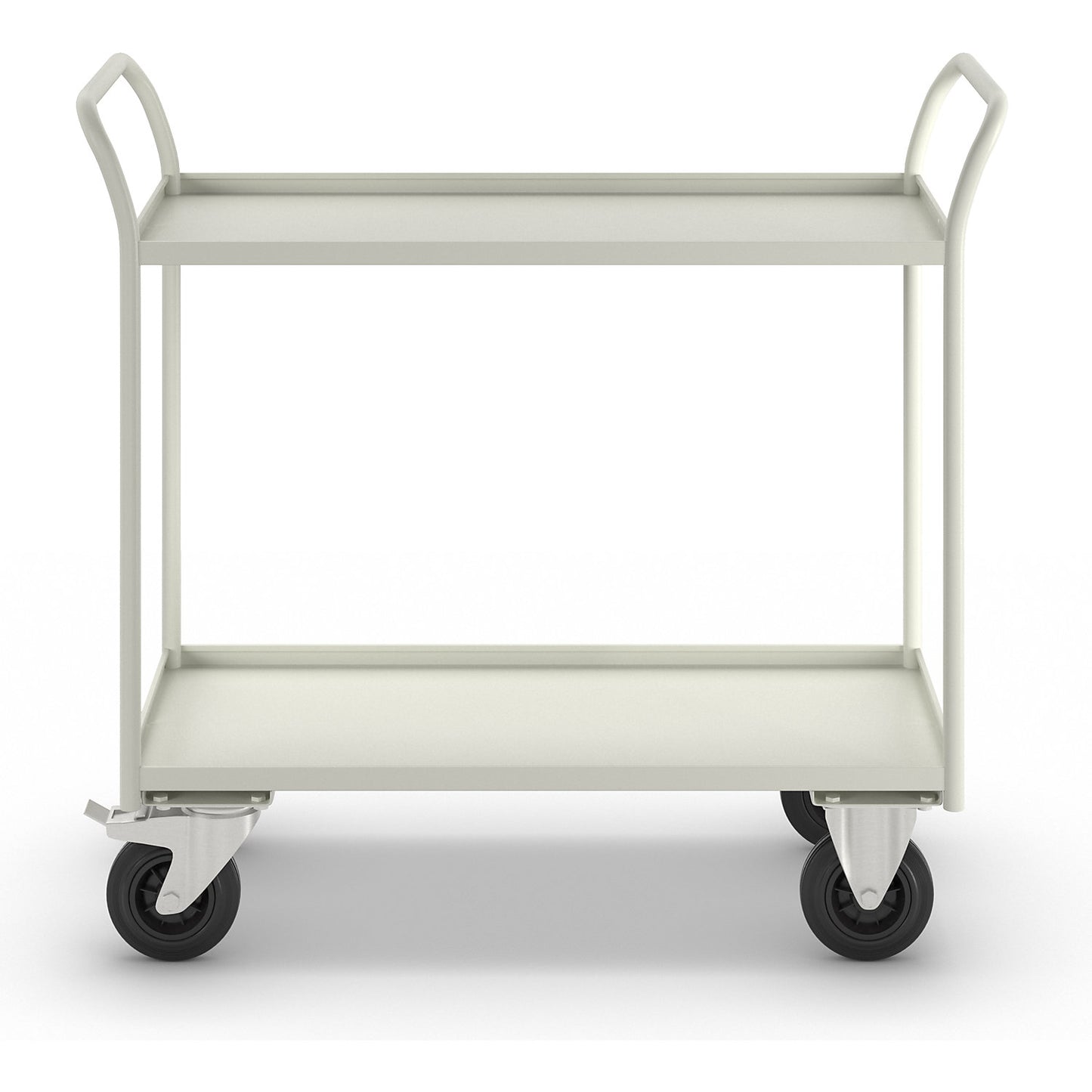 KM41 table trolley, 2 shelves with raised edges, LxWxH 1080 x 450 x 1000 mm, white, 2 swivel castors with stops, 2 fixed castors.