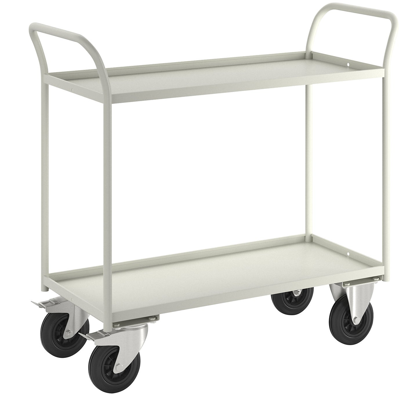 KM41 table trolley, 2 shelves with raised edges, LxWxH 1080 x 450 x 1000 mm, white, 2 swivel castors with stops, 2 fixed castors.