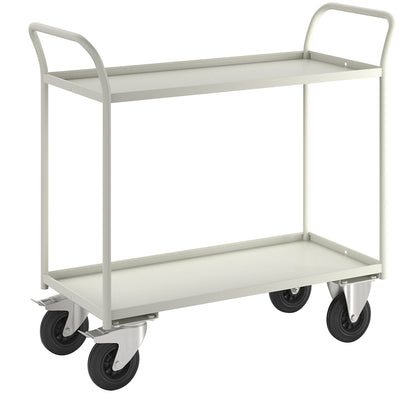 KM41 table trolley, 2 shelves with raised edges, LxWxH 1080 x 450 x 1000 mm, white, 2 swivel castors with stops, 2 fixed castors.