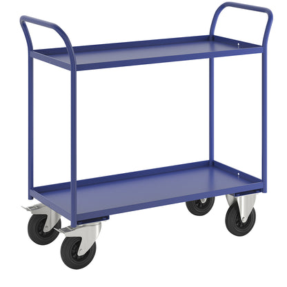 KM41 table trolley, 2 shelves with raised edges, LxWxH 1080 x 450 x 1000 mm, blue, 2 swivel castors with stops, 2 fixed castors.