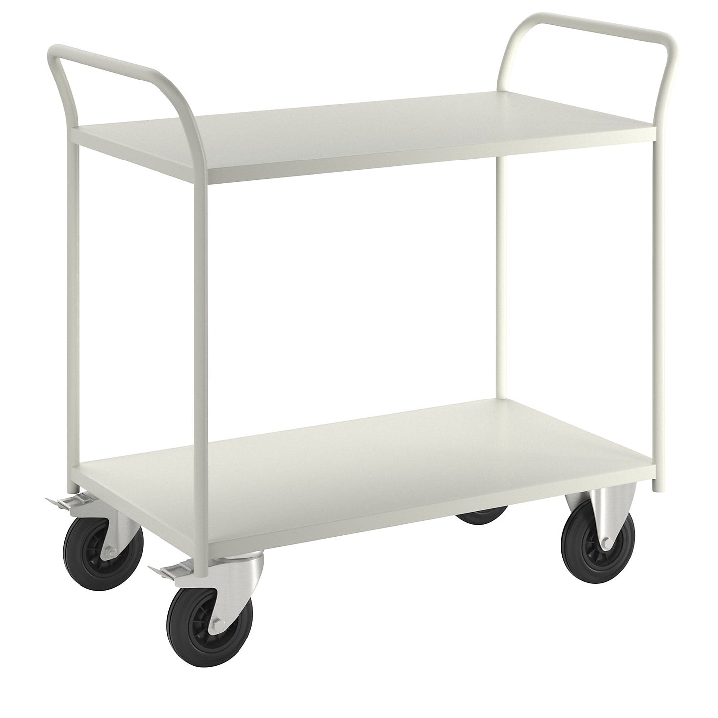 KM41 table trolley, 2 shelves, LxWxH 1070 x 550 x 1000 mm, white, 2 swivel castors with stops, 2 fixed castors.