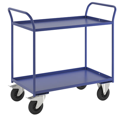 KM41 table trolley, 2 shelves with raised edges, LxWxH 1070 x 550 x 1000 mm, blue, 2 swivel castors with stops, 2 fixed castors.