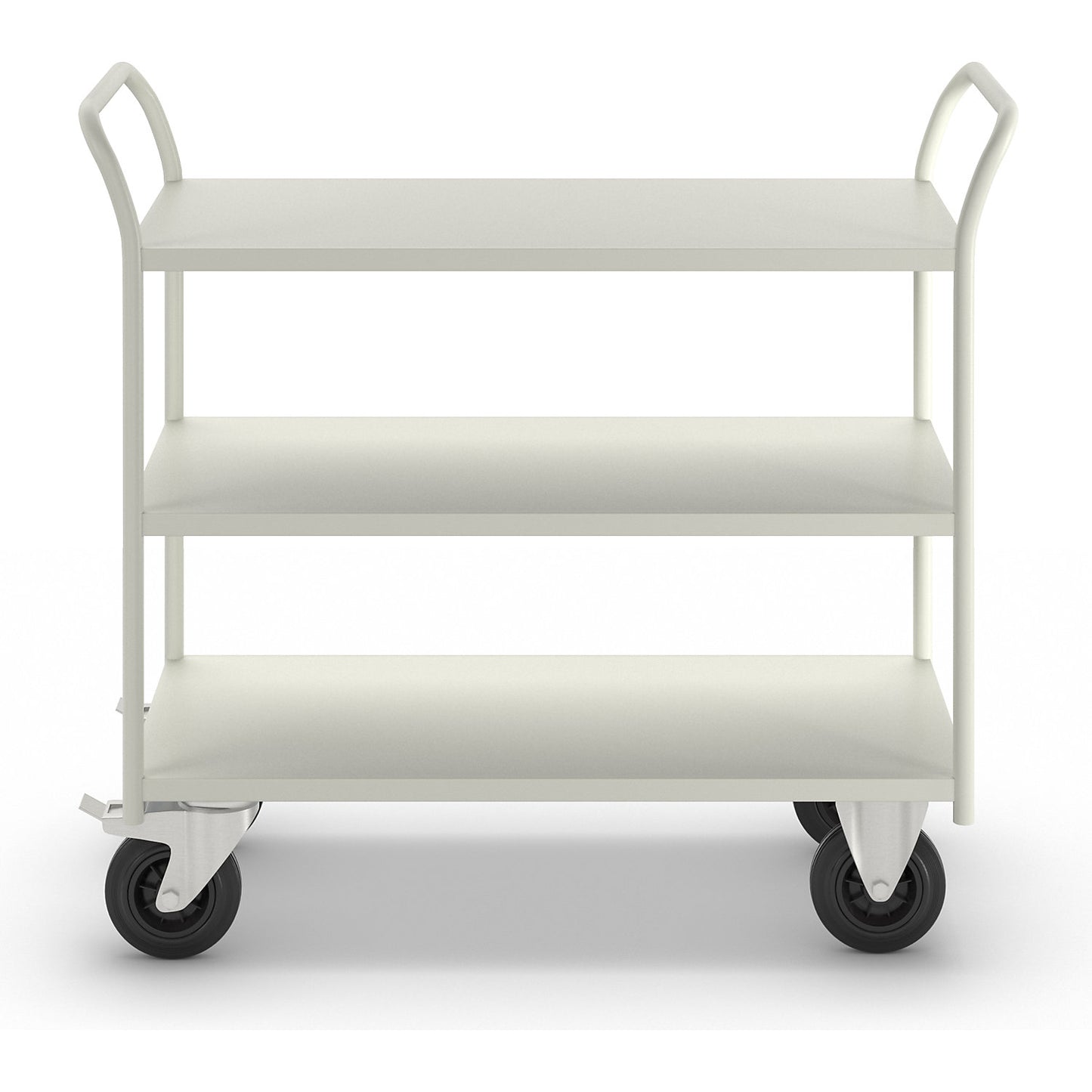 KM41 table trolley, 3 shelves, LxWxH 1080 x 450 x 975 mm, white, 2 swivel castors with stops, 2 fixed castors.