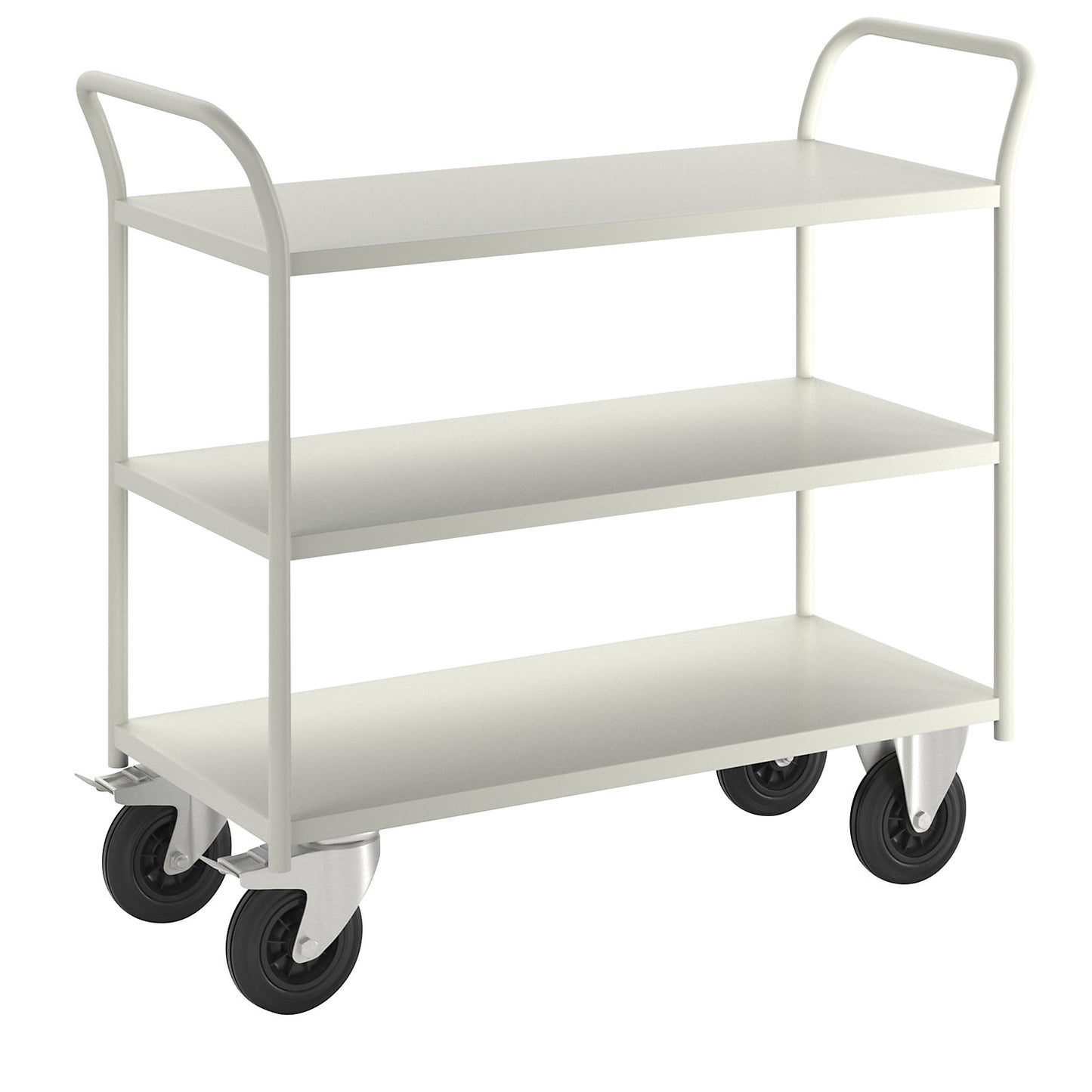 KM41 table trolley, 3 shelves, LxWxH 1080 x 450 x 975 mm, white, 2 swivel castors with stops, 2 fixed castors.