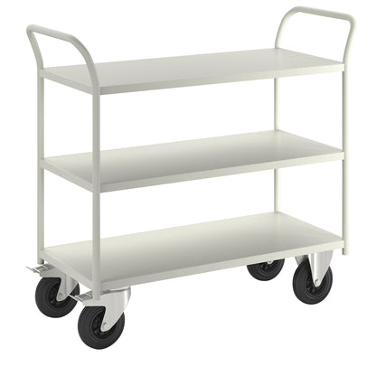 KM41 table trolley, 3 shelves, LxWxH 1080 x 450 x 975 mm, white, 2 swivel castors with stops, 2 fixed castors.