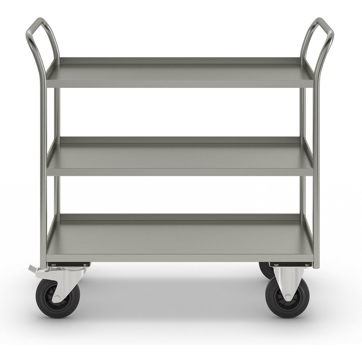 KM41 table trolley, 3 shelves with raised edges, LxWxH 1080 x 450 x 1000 mm, zinc plated, 2 swivel castors with stops, 2 fixed castors.