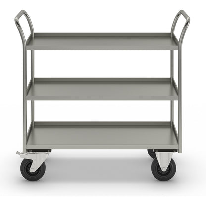 KM41 table trolley, 3 shelves with raised edges, LxWxH 1080 x 450 x 1000 mm, zinc plated, 2 swivel castors with stops, 2 fixed castors.