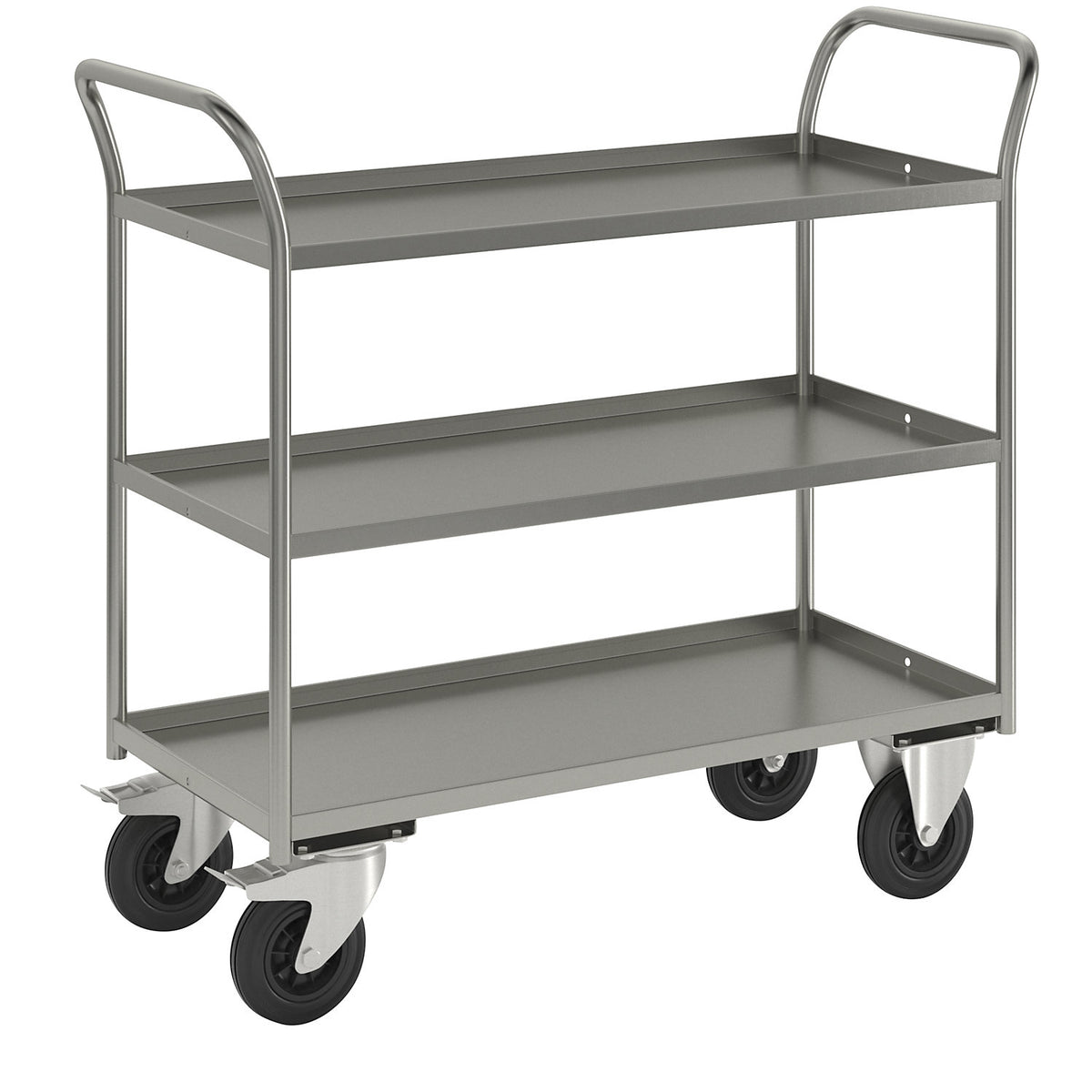 KM41 table trolley, 3 shelves with raised edges, LxWxH 1080 x 450 x 1000 mm, zinc plated, 2 swivel castors with stops, 2 fixed castors.