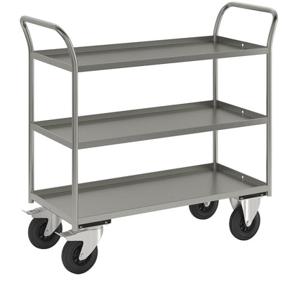 KM41 table trolley, 3 shelves with raised edges, LxWxH 1080 x 450 x 1000 mm, zinc plated, 2 swivel castors with stops, 2 fixed castors.