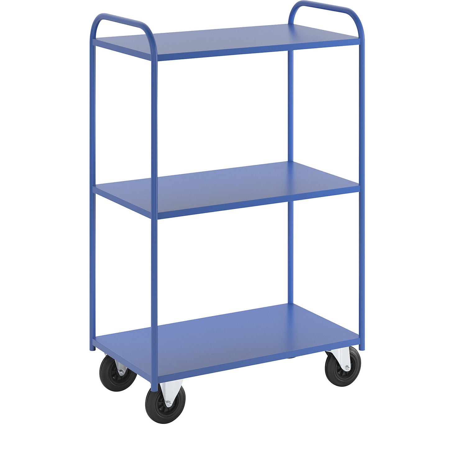 KM41 shelf truck, 3 shelves, LxWxH 955 x 550 x 1470 mm, blue, 2 swivel castors and 2 fixed castors.