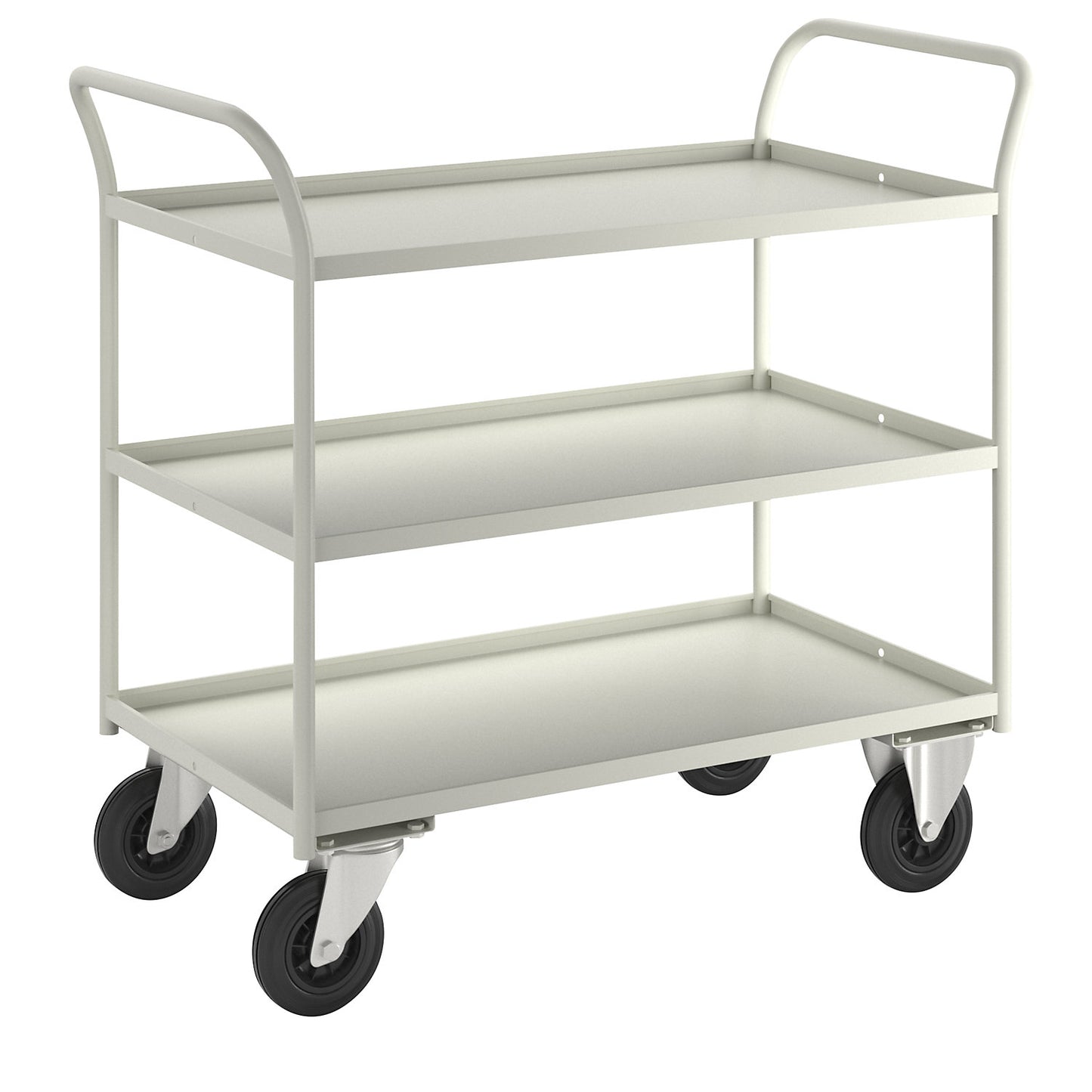 KM41 table trolley, 3 shelves with raised edges, LxWxH 1070 x 550 x 1000 mm, white, 2 swivel castors and 2 fixed castors.