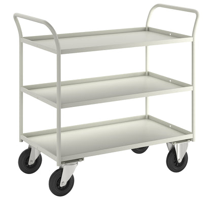 KM41 table trolley, 3 shelves with raised edges, LxWxH 1070 x 550 x 1000 mm, white, 2 swivel castors and 2 fixed castors.