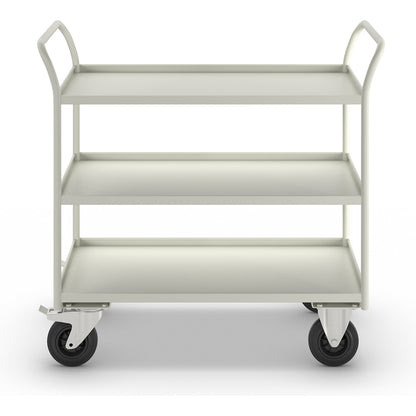 KM41 table trolley, 3 shelves with raised edges, LxWxH 1070 x 550 x 1000 mm, white, 2 swivel castors with stops, 2 fixed castors.