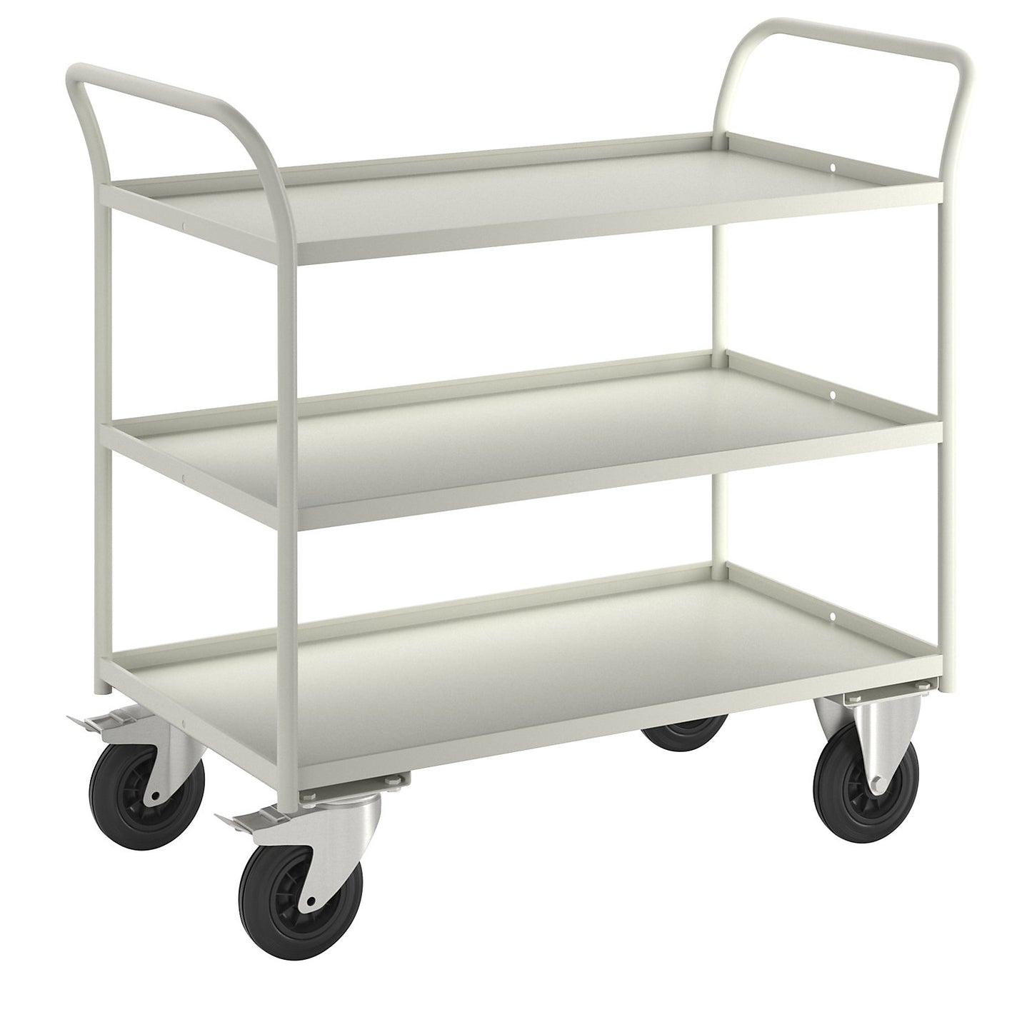 KM41 table trolley, 3 shelves with raised edges, LxWxH 1070 x 550 x 1000 mm, white, 2 swivel castors with stops, 2 fixed castors.